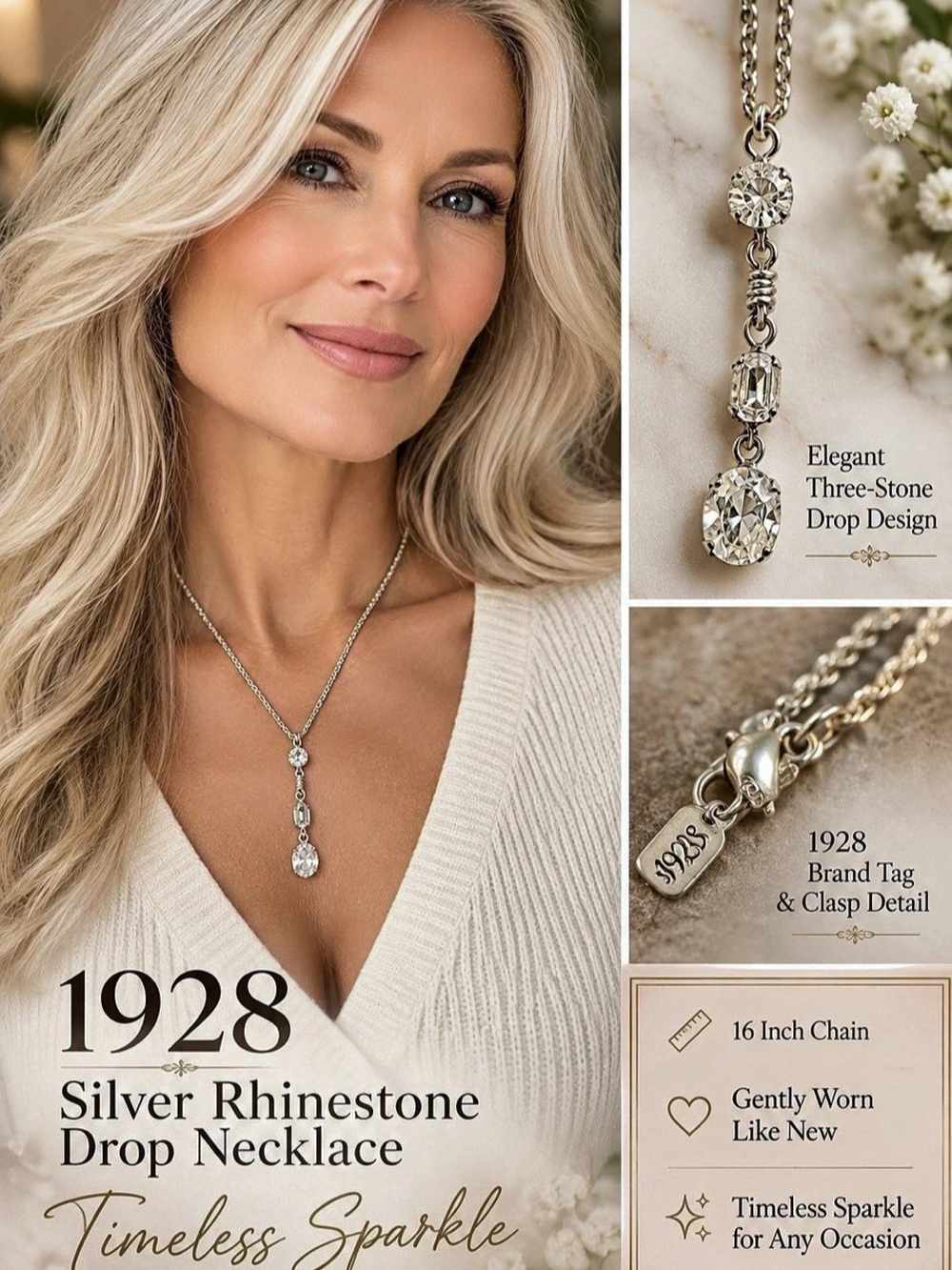 1928 Three-Stone Drop Necklace Silver Rhinestone Drop Necklace Like New